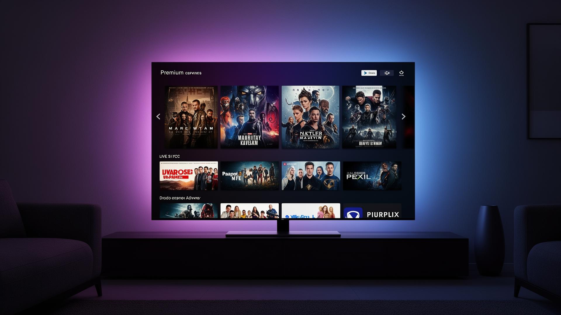 Téléviseur affichant l'interface IPTV MonTvyo dans un salon moderne